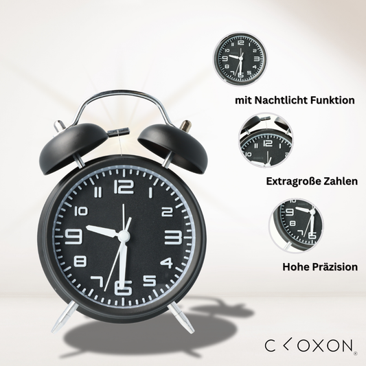 CLOXON Doppelglockenwecker Retro Design schwarz mit weißen Ziffern