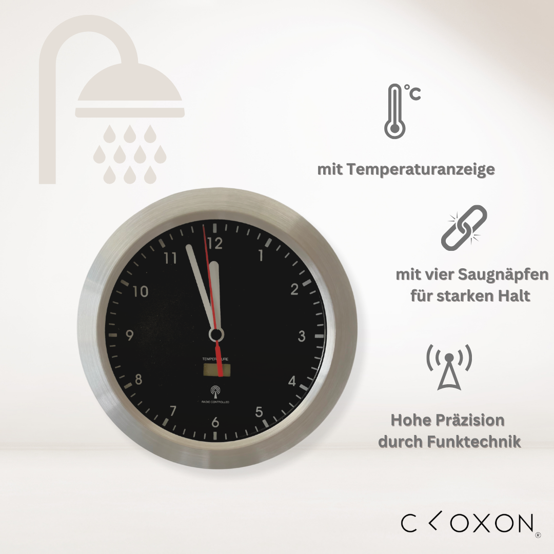CLOXON Badezimmer Funkuhr mit Temperaturanzeige und Saugnäpfen