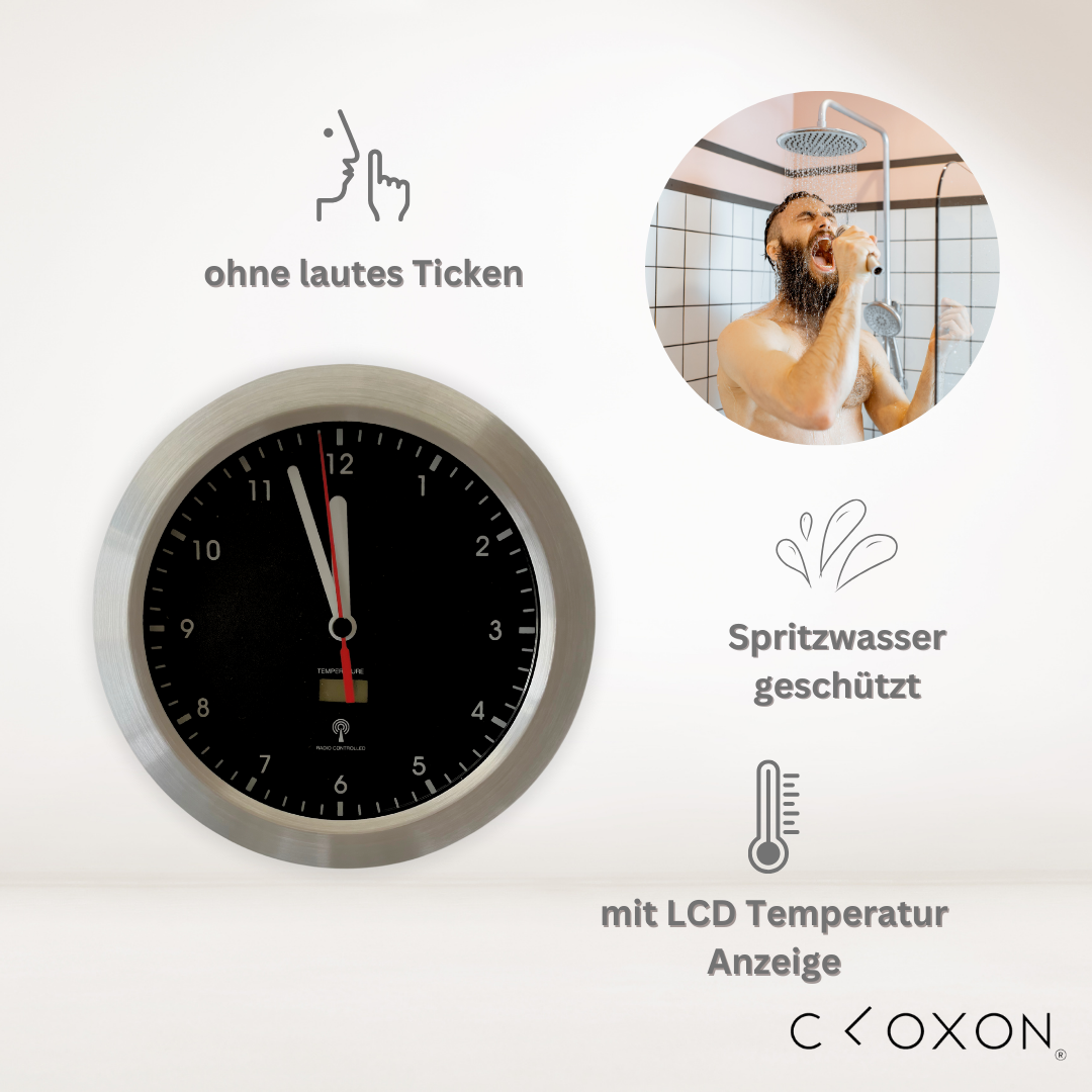 CLOXON Badezimmer Funkuhr mit Temperaturanzeige und Saugnäpfen